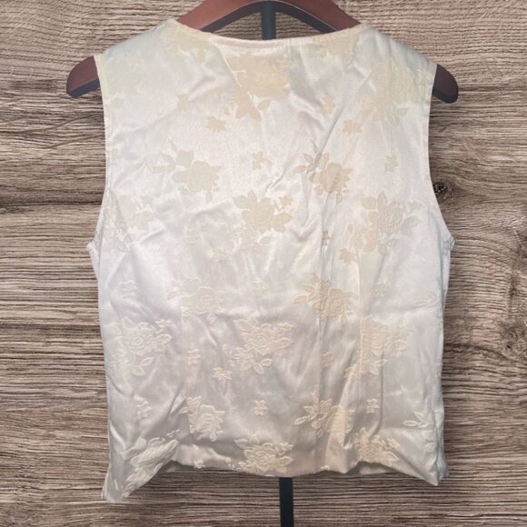 Vintage Ivory Floral Satin Sleeveless Top Belted Accent Side Zip Closure - Picture 2 of 8